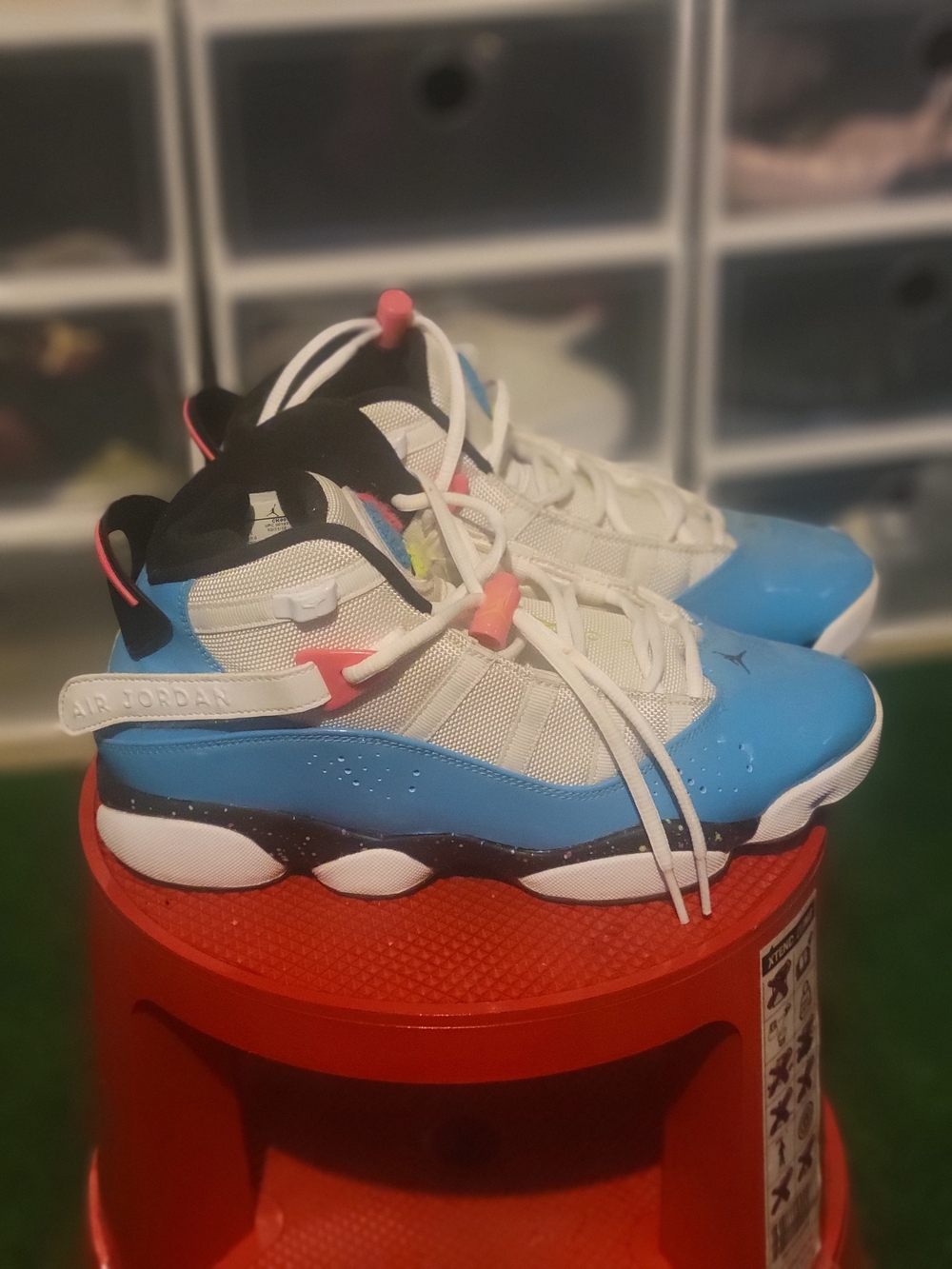 Jordan 6 Rings Blue Fury Cyber Pink Mid Top Basketball Sneakers White Blue Pink